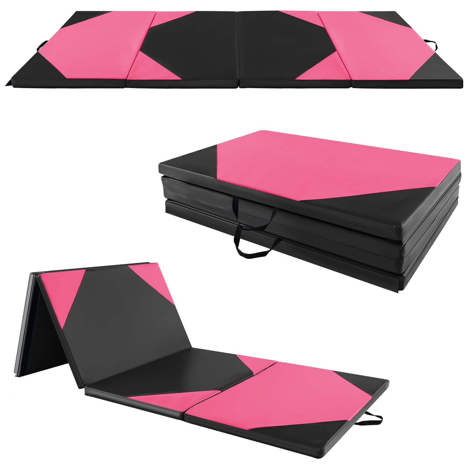CostwayTapis de Gymnastique Pliable Epais à 4 Panneaux Matelas d'Entrainement en Mousse et PU avec Poignées Attaches Auto-agrippantes Rose