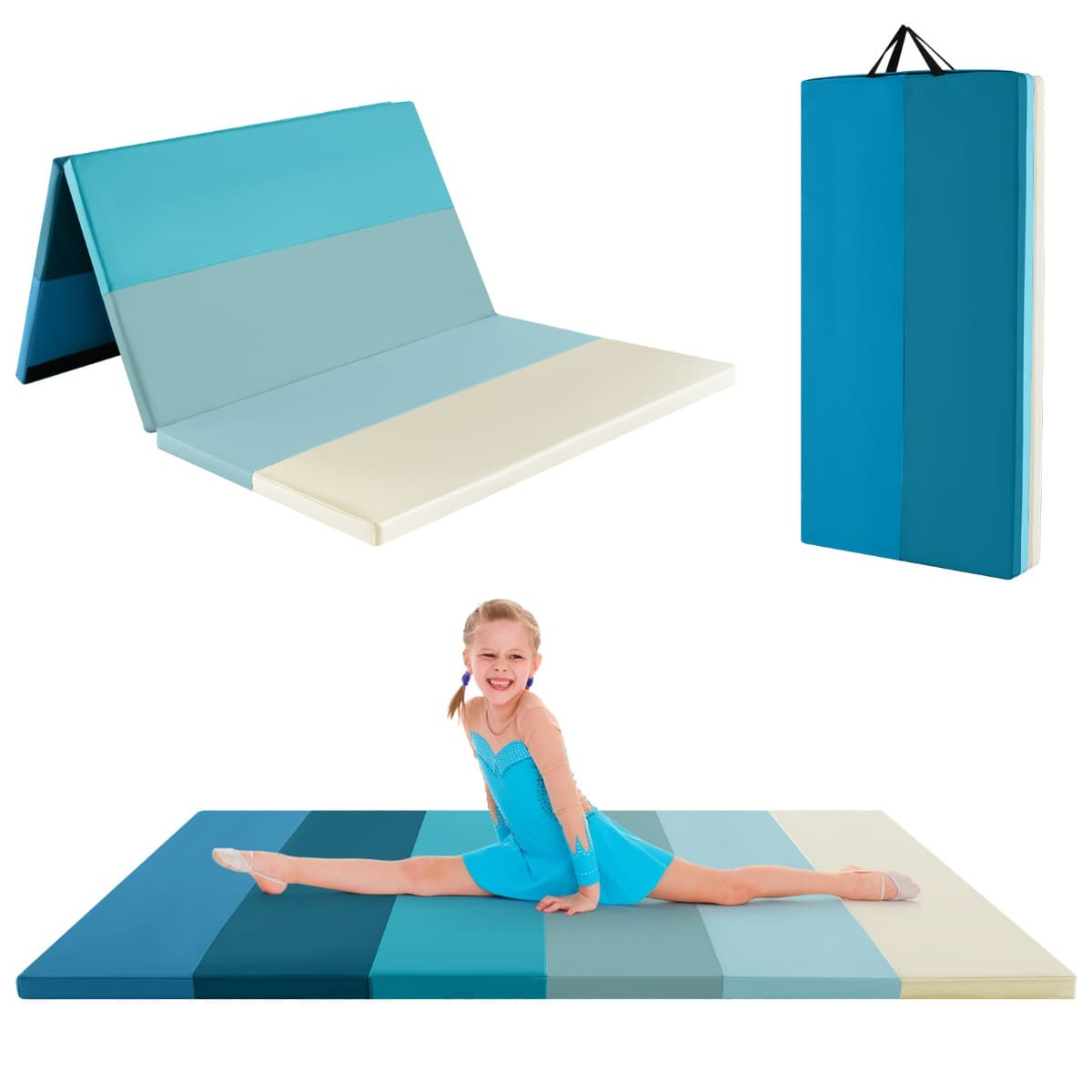 CostwayTapis de Gymnastique Pliable Epais à 3 Panneaux Matelas d'Entrainement Léger en Mousse et PU avec Poignées de Transport Bleu