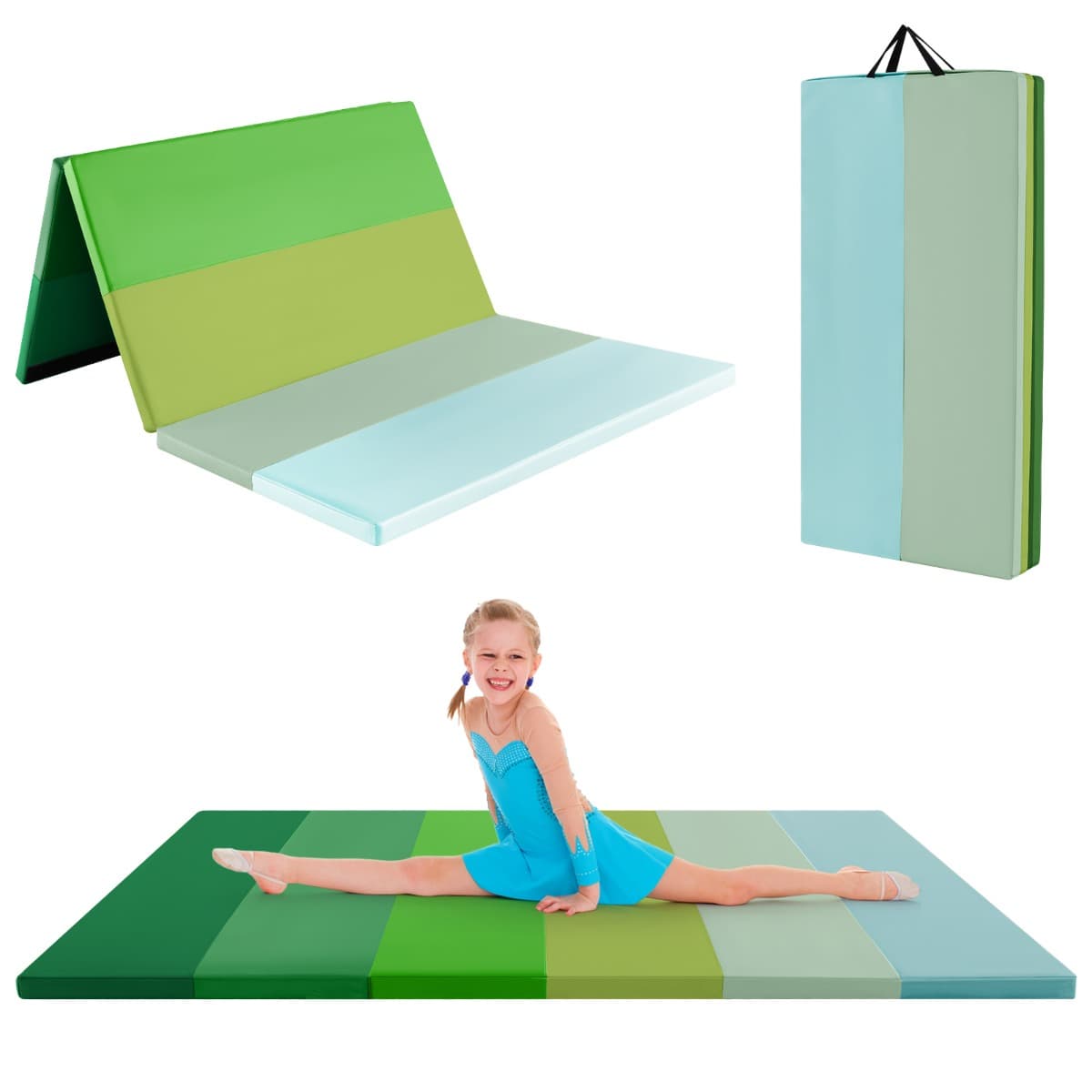 CostwayTapis de Gymnastique Pliable Epais à 3 Panneaux Matelas d'Entrainement Léger en Mousse et PU avec Poignées de Transport Vert