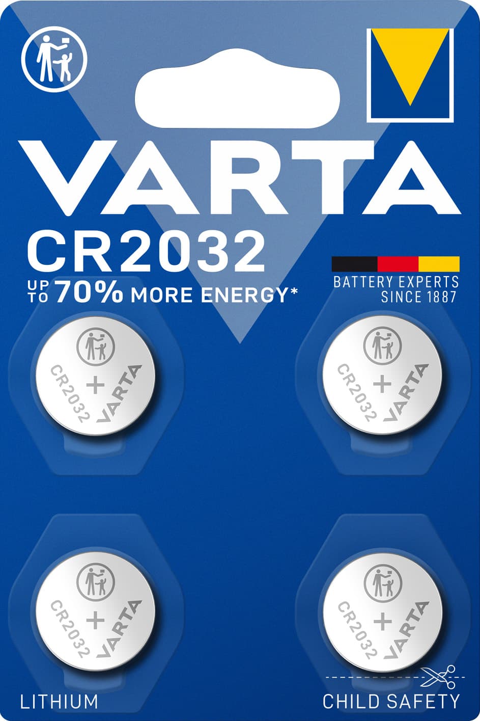 Pile Varta au lithium, pile bouton, CR2032, électronique 3 V, blister de vente au détail (paquet de 4)
