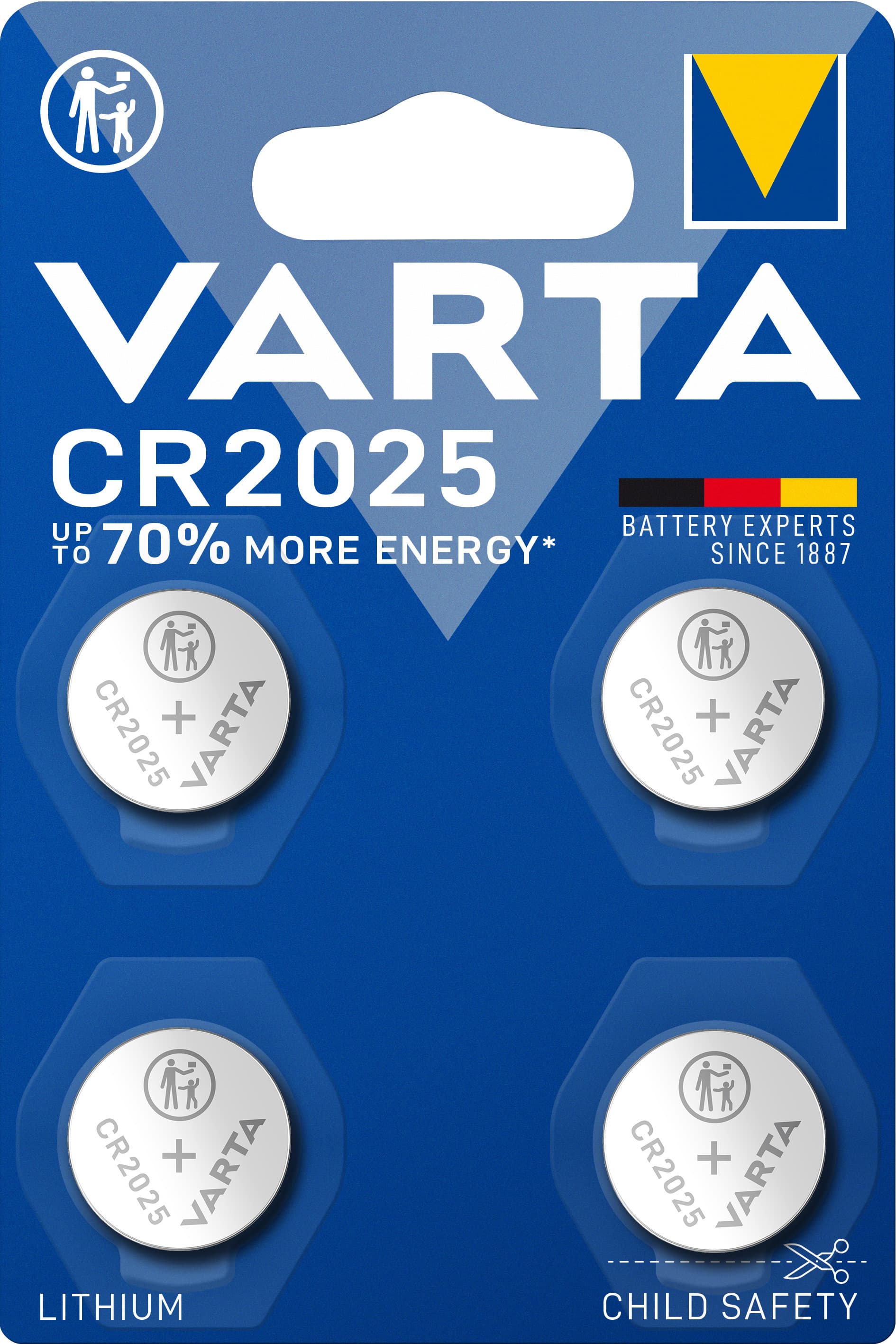 Pile Varta au lithium, pile bouton, CR2025, électronique 3 V, blister de vente au détail (paquet de 4)